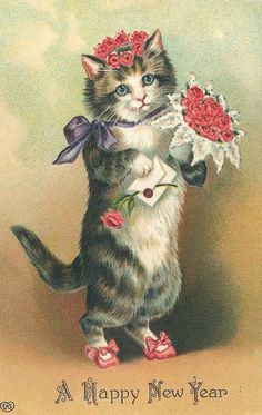 a vintage happy new year wish with a kitten
